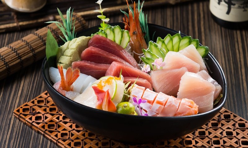Обои рыба, морепродукты, креветки, огурец, лосось, тунец, fish, seafood, shrimp, cucumber, salmon, tuna разрешение 2600x1550 Загрузить