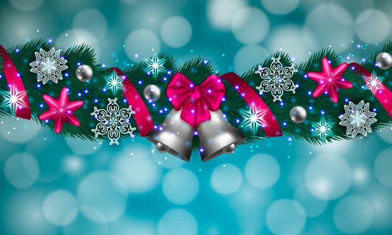 Обои снежинки, ель, лента, колокольчики, бант, snowflakes, spruce, tape, bells, bow разрешение 2500x1564 Загрузить