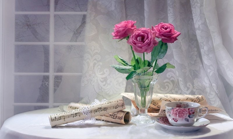 Обои цветы, розы, ноты, окно, чашка, чай, натюрморт, flowers, roses, notes, window, cup, tea, still life разрешение 1920x1219 Загрузить