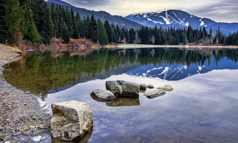 Обои вода, lake whistler, озеро, горы, камни, берег, лес, отражение, канада, water, lake, mountains, stones, shore, forest, reflection, canada разрешение 2710x1800 Загрузить