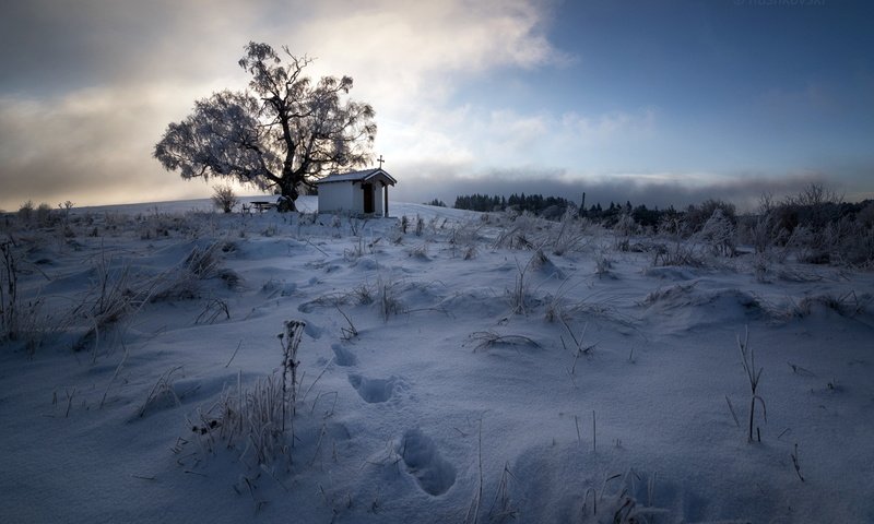 Обои снег, храм, зима, поле, snow, temple, winter, field разрешение 2048x1411 Загрузить