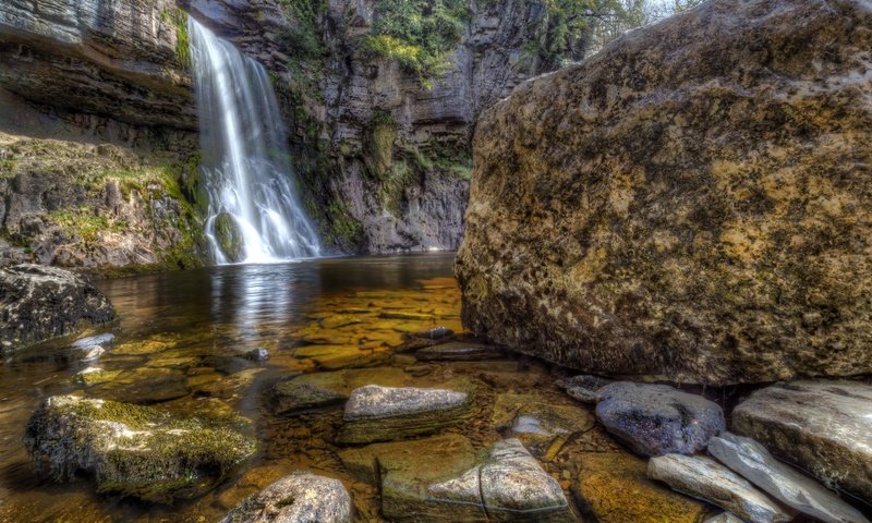 Обои скалы, камни, водопад, великобритания, hdr, thorton force waterfall, rocks, stones, waterfall, uk, several attractions force waterfall разрешение 2880x1920 Загрузить