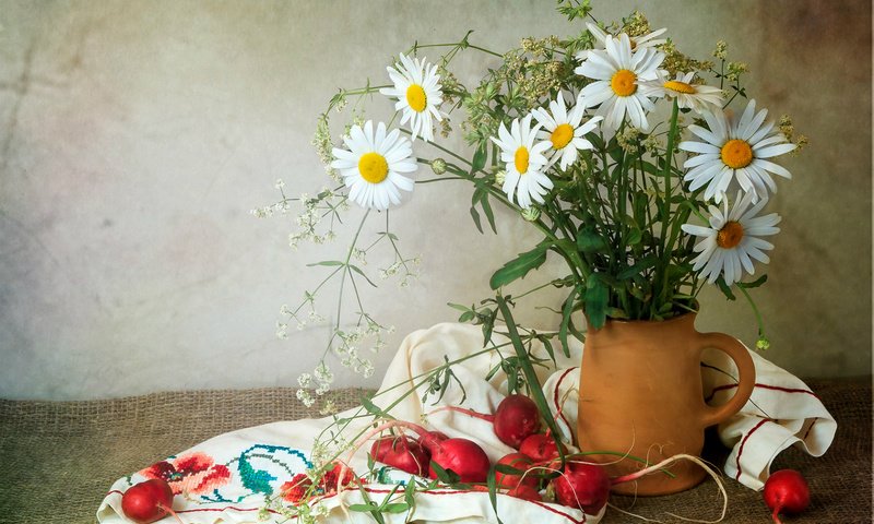 Обои лето, ромашки, овощи, кувшин, натюрморт, редис, summer, chamomile, vegetables, pitcher, still life, radishes разрешение 1920x1381 Загрузить