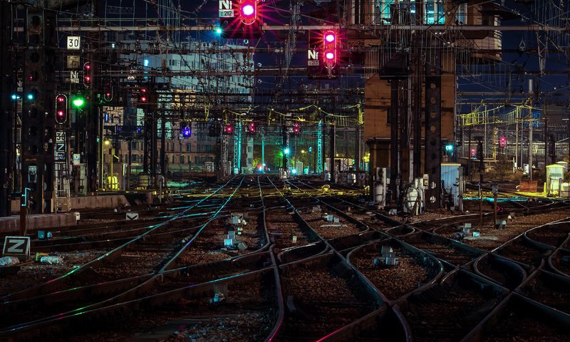 Обои ночь, фонари, железная дорога, станция, ноч, railroads, night, lights, railroad, station разрешение 4485x2989 Загрузить