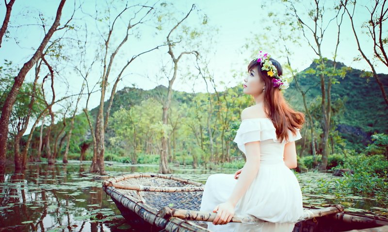 Обои природа, девушка, лодка, азиатка, nature, girl, boat, asian разрешение 2560x1600 Загрузить