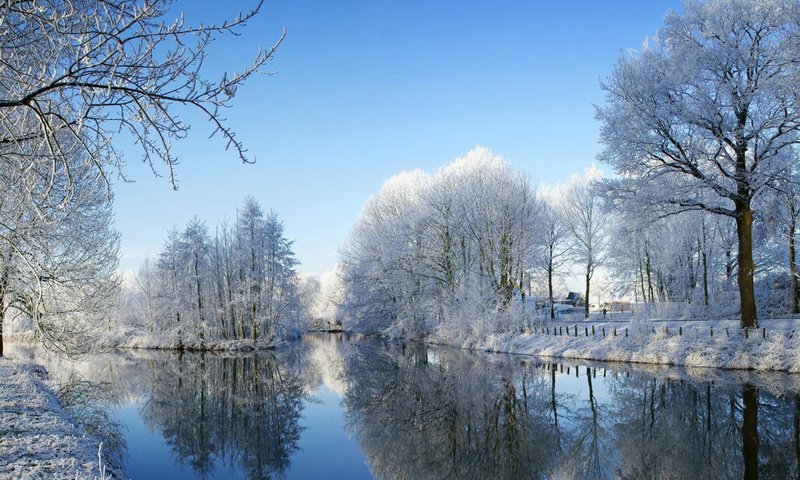 Обои небо, снежный, деревья, река, снег, лес, зима, отражение, иней, the sky, trees, river, snow, forest, winter, reflection, frost разрешение 1920x1200 Загрузить