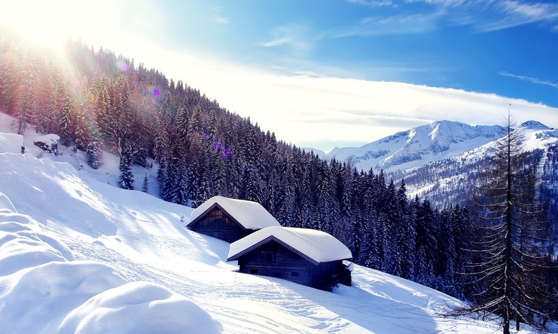 Обои горы, альпы, снег, лес, зима, австрия, путешествия, домик, европа, mountains, alps, snow, forest, winter, austria, travel, house, europe разрешение 2560x1600 Загрузить