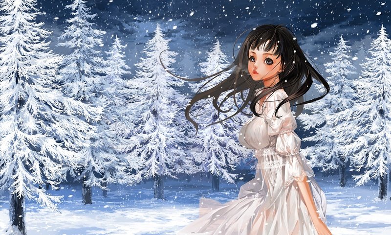 Обои снег, лес, зима, девушка, елки, ели, snow, forest, winter, girl, tree, ate разрешение 1920x1200 Загрузить