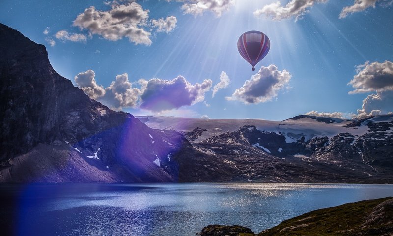 Обои облака, река, горы, солнце, обои, шар, clouds, river, mountains, the sun, wallpaper, ball разрешение 5616x3744 Загрузить