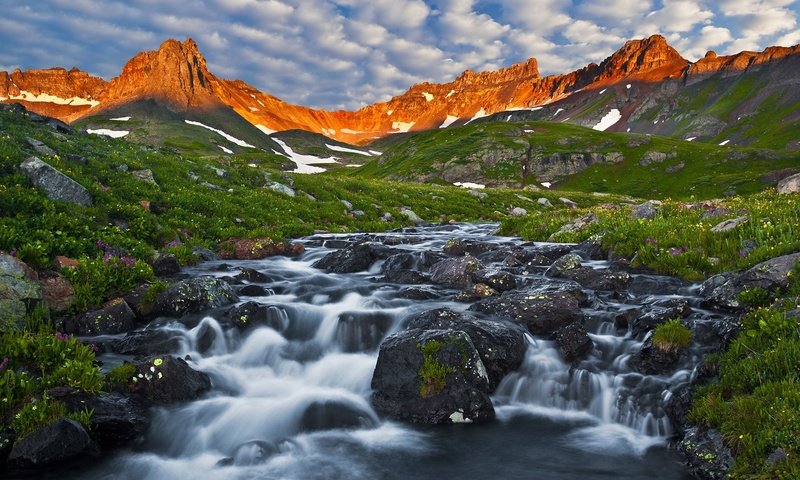 Обои трава, река, горы, природа, сша, колорадо, горный ручей, горы сан-хуан, grass, river, mountains, nature, usa, colorado, mountain stream, mountains san juan разрешение 1920x1080 Загрузить