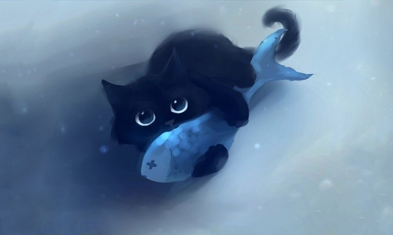 Обои глаза, арт, фон, кот, взгляд, котенок, черный, рыба, eyes, art, background, cat, look, kitty, black, fish разрешение 1920x1080 Загрузить