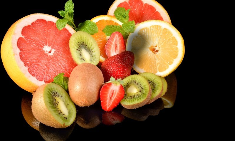 Обои ягода, фрукты, апельсины, клубника, черный фон, киви, грейпфруты, berry, fruit, oranges, strawberry, black background, kiwi, grapefruit разрешение 6000x4000 Загрузить