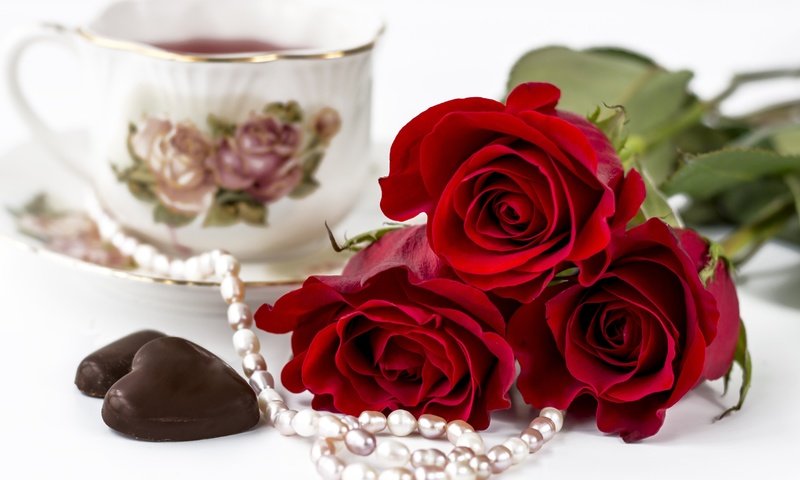 Обои розы, чашка, чай, ожерелье, жемчуг, конфета, roses, cup, tea, necklace, pearl, candy разрешение 3000x1999 Загрузить