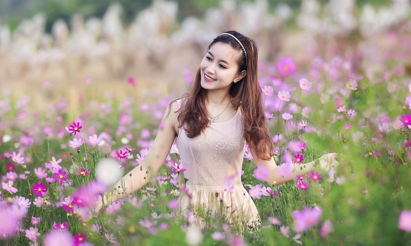 Обои цветы, девушка, улыбка, лето, азиатка, космея, flowers, girl, smile, summer, asian, kosmeya разрешение 2048x1152 Загрузить