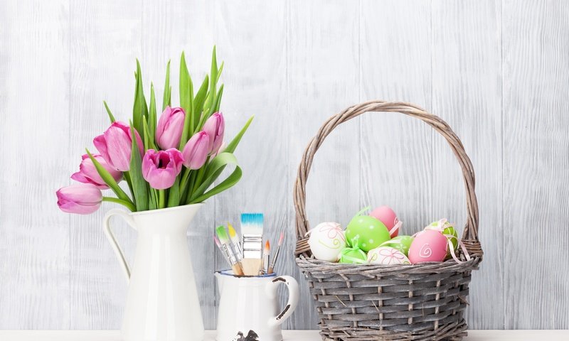 Обои зеленые пасхальные, цветы, довольная, тюльпаны, яйца крашеные, пасха, розовые тюльпаны, тульпаны,  цветы, глазунья, декорация, весенние, пинк, flowers, happy, tulips, the painted eggs, easter, pink tulips, eggs, decoration, spring, pink разрешение 5240x3696 Загрузить