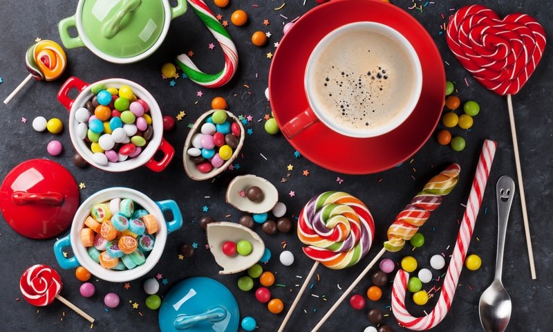 Обои кофе, конфеты, сладости, леденцы, мармелад, coffee, candy, sweets, lollipops, marmalade разрешение 5616x3744 Загрузить