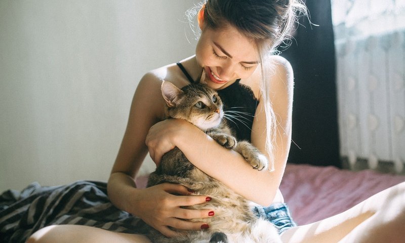 Обои девушка, улыбка, кошка, радость, girl, smile, cat, joy разрешение 2500x1669 Загрузить