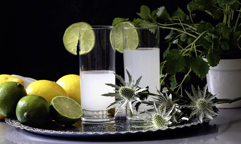 Обои напиток, лимон, лайм, коктейль, стаканы, цитрусы, лимонад, drink, lemon, lime, cocktail, glasses, citrus, lemonade разрешение 2048x1365 Загрузить