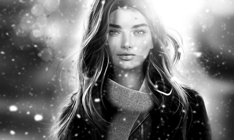 Обои арт, снег, девушка, чёрно-белое, лицо, шарф, art, snow, girl, black and white, face, scarf разрешение 2048x1161 Загрузить