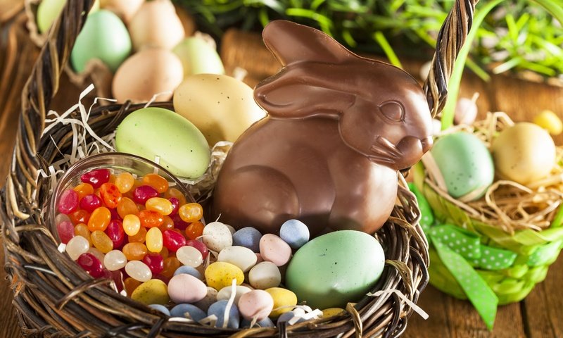 Обои конфеты, корзина, кролик, пасха, яйца, шоколад, candy, basket, rabbit, easter, eggs, chocolate разрешение 5616x3744 Загрузить