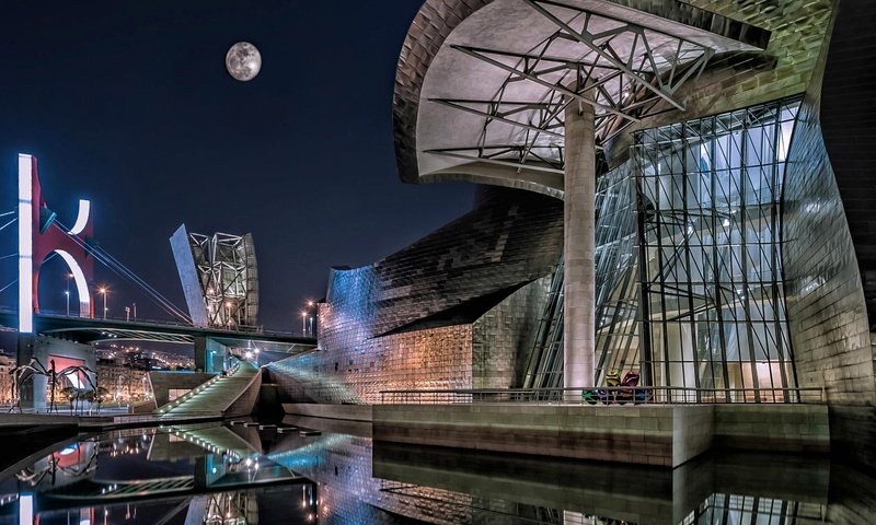 Обои ночь, луна, испания, музей гуггенхейма, бильбао, night, the moon, spain, the guggenheim museum, bilbao разрешение 1920x1080 Загрузить