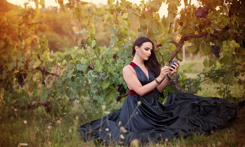 Обои девушка, виноград, платье, брюнетка, взгляд, волосы, girl, grapes, dress, brunette, look, hair разрешение 2048x1365 Загрузить