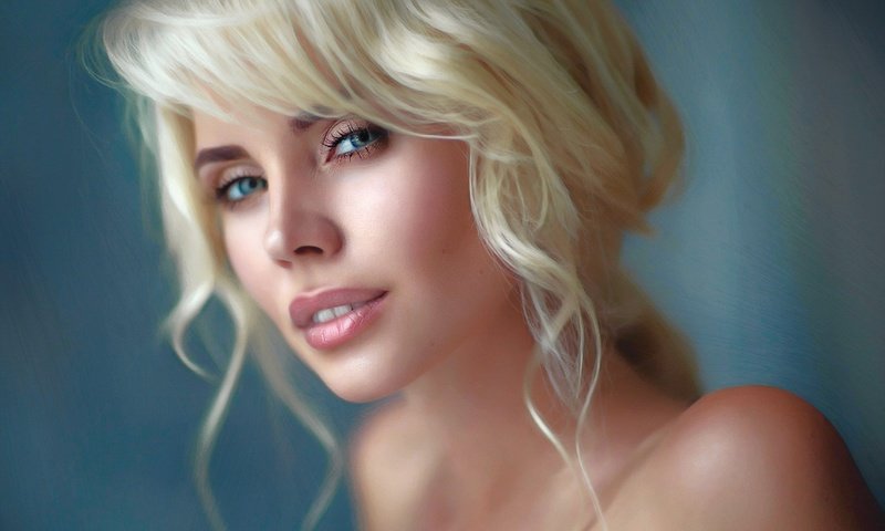 Обои глаза, голые плечи, девушка, alexey kazantsev, блондинка, портрет, взгляд, волосы, губы, лицо, eyes, bare shoulders, girl, blonde, portrait, look, hair, lips, face разрешение 1920x1280 Загрузить