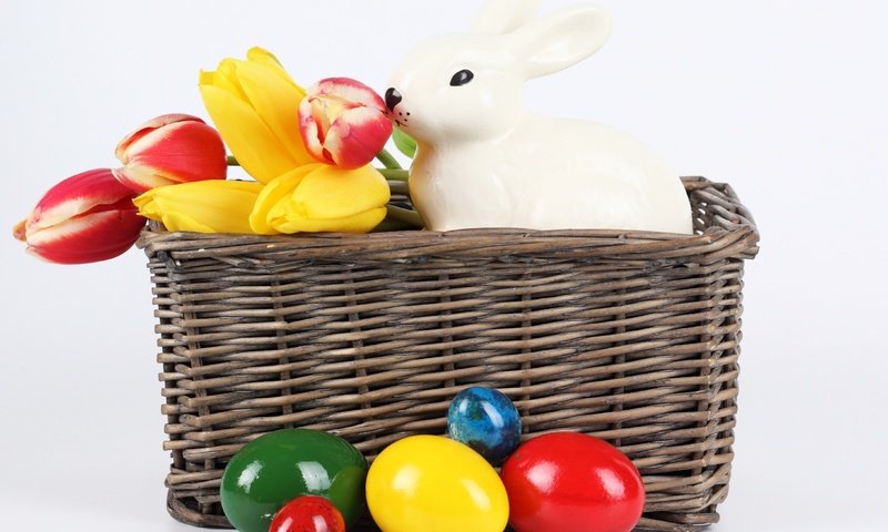 Обои цветы, весна, тюльпаны, кролик, пасха, яйца, крашеные, flowers, spring, tulips, rabbit, easter, eggs, painted разрешение 4368x2873 Загрузить