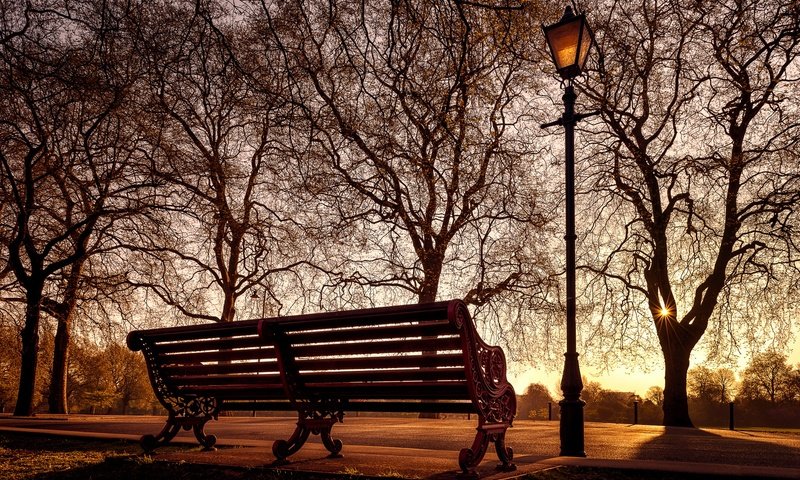 Обои лондон, англия, фонарь, скамья, баттерси парк, london, england, lantern, bench, battersea park разрешение 2048x1296 Загрузить