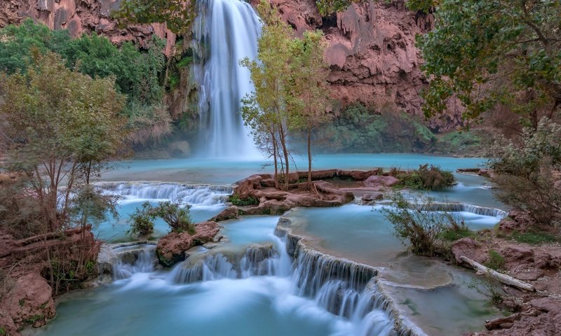 Обои деревья, скалы, водопад, аризона, гранд-каньон, водопад хавасу, trees, rocks, waterfall, az, the grand canyon, havasu falls разрешение 2048x1380 Загрузить