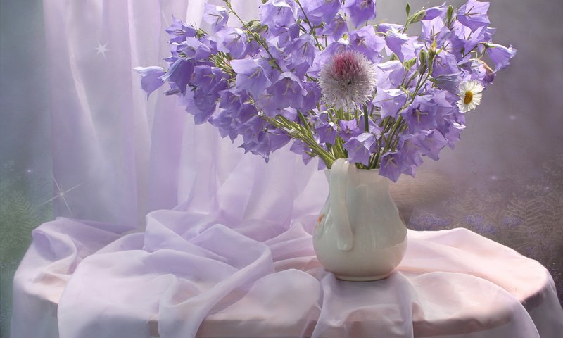 Обои цветы, ваза, колокольчики, кувшин, столик, натюрморт, занавеска, flowers, vase, bells, pitcher, table, still life, curtain разрешение 2465x2054 Загрузить