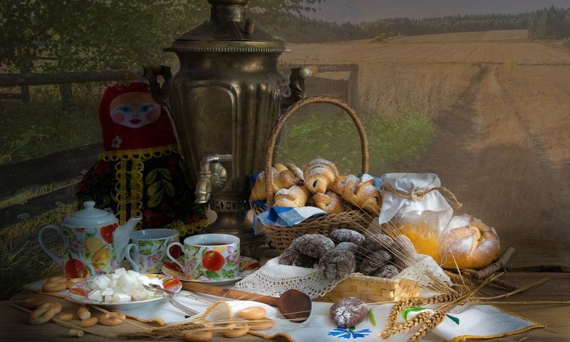 Обои кукла, печенье, колосья, выпечка, хлеб, булочки, корзина, самовар, чай, баранки, салфетка, мед, банка, doll, cookies, ears, cakes, bread, buns, basket, samovar, tea, bagels, napkin, honey, bank разрешение 2048x1411 Загрузить