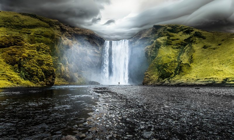 Обои водопад, исландия, скоугафосс, водопад скоугафосс, waterfall, iceland, skogafoss, skogafoss waterfall разрешение 2880x1800 Загрузить