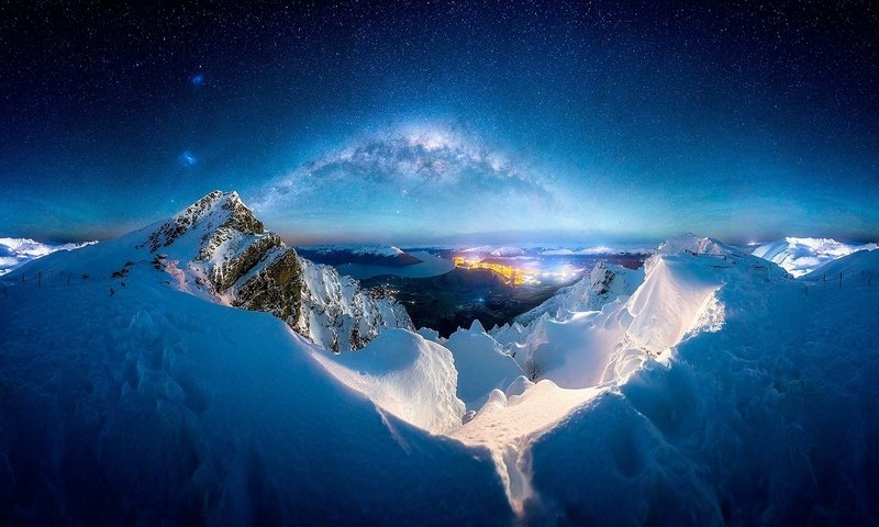 Обои ночь, горы, снег, зима, млечный путь, night, mountains, snow, winter, the milky way разрешение 1920x1080 Загрузить