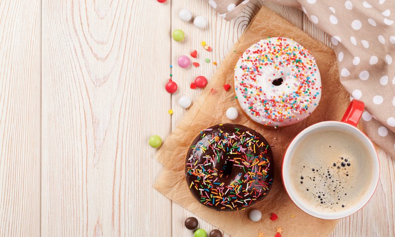 Обои кофе, конфеты, пончики, выпечка, глазурь, evgeny karandaev, coffee, candy, donuts, cakes, glaze разрешение 3840x2400 Загрузить