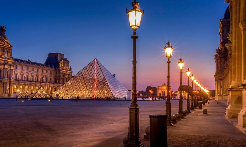 Обои ночь, фонари, париж, пирамида, франция, лувр, night, lights, paris, pyramid, france, the louvre разрешение 1920x1200 Загрузить