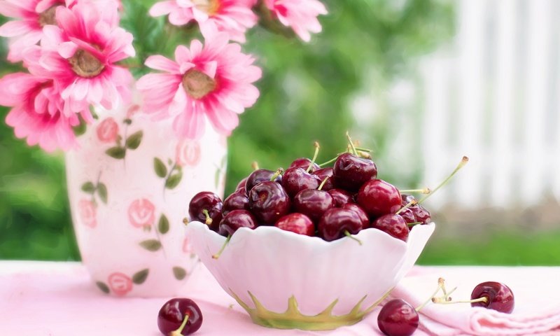 Обои цветы, черешня, ягоды, вишня, ваза, салфетка, миска, flowers, cherry, berries, vase, napkin, bowl разрешение 2880x1920 Загрузить