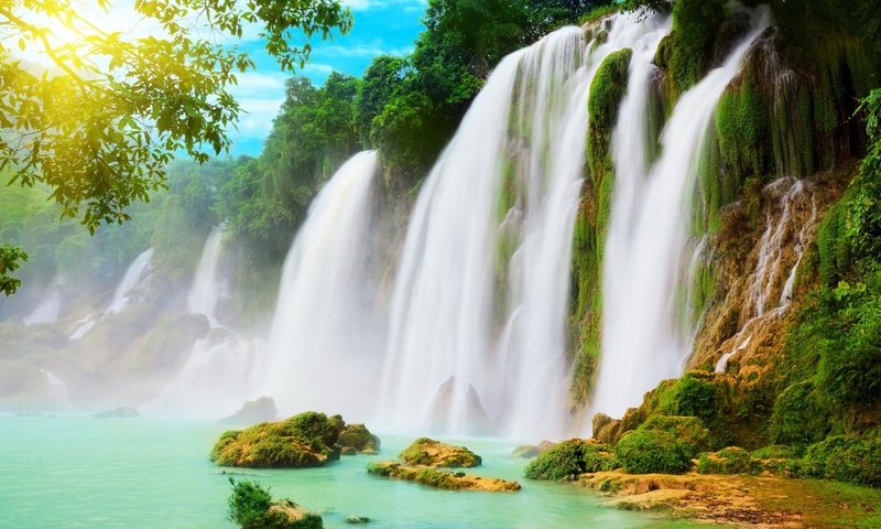 Обои река, горы, зелень, пейзаж, водопад, river, mountains, greens, landscape, waterfall разрешение 2844x1600 Загрузить