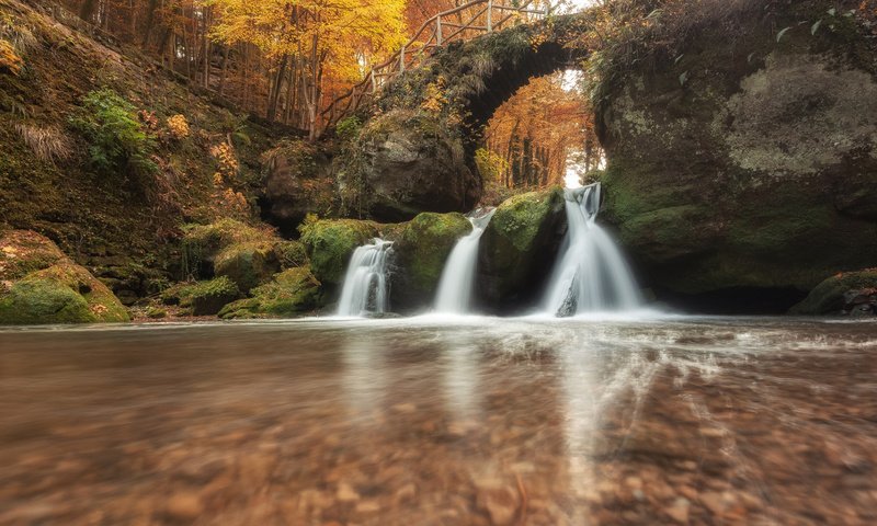 Обои река, природа, камни, лес, мост, водопад, осень, мох, river, nature, stones, forest, bridge, waterfall, autumn, moss разрешение 1920x1080 Загрузить