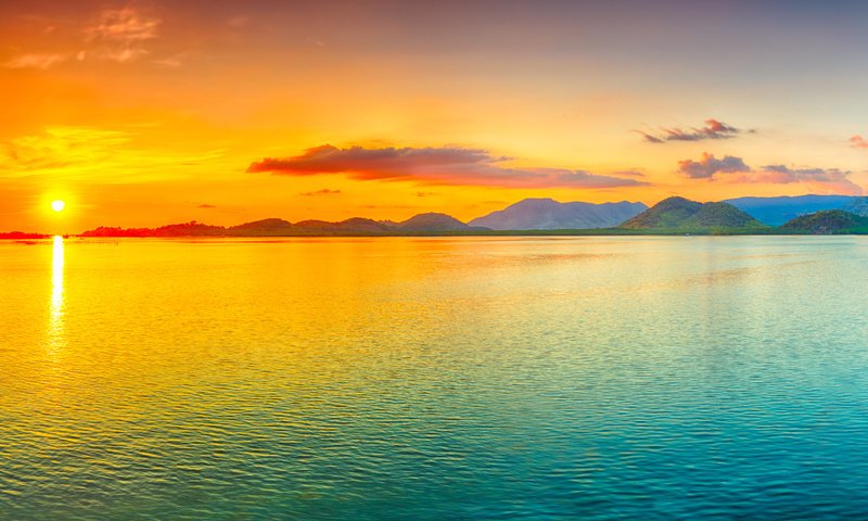 Обои закат, море, острова, тропики, sunset, sea, islands, tropics разрешение 14005x3534 Загрузить