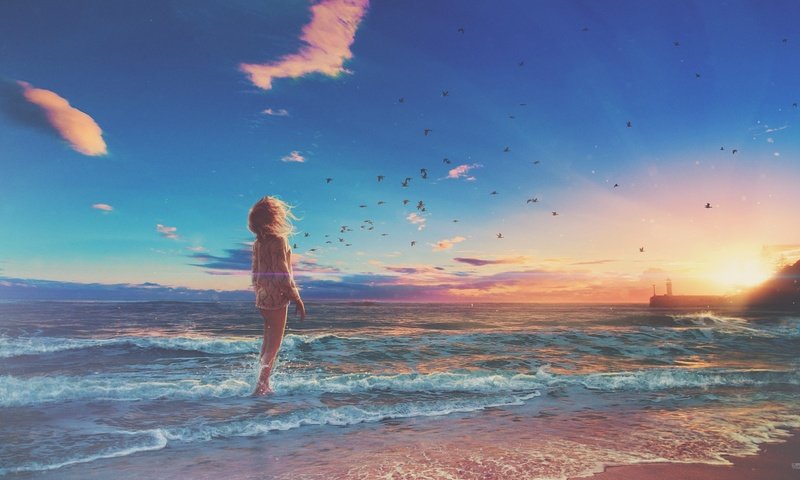 Обои берег, ветер, волны, закат, девушка, море, пляж, горизонт, птицы, shore, the wind, wave, sunset, girl, sea, beach, horizon, birds разрешение 2560x1440 Загрузить