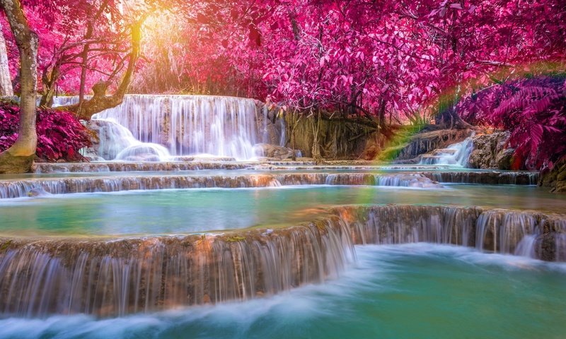 Обои деревья, вода, река, водопад, радуга, каскад, лаос, kuang si falls, trees, water, river, waterfall, rainbow, cascade, laos разрешение 3225x2153 Загрузить