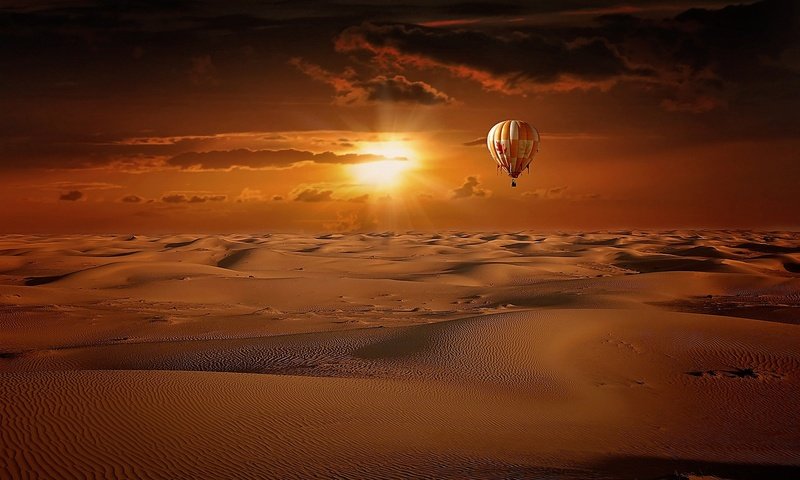 Обои пейзаж, песок, пустыня, воздушный шар, солнечные лучи, landscape, sand, desert, balloon, the sun's rays разрешение 1920x1200 Загрузить
