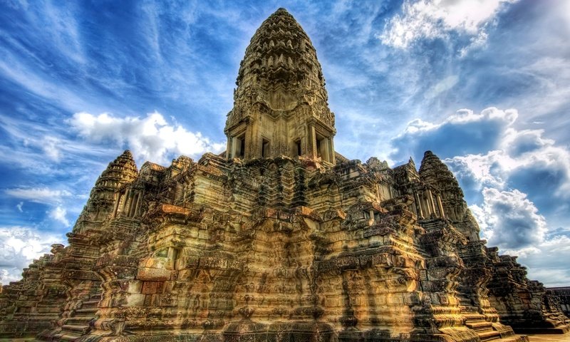 Обои небо, облака, храм, азия, камбоджа, ангкор ват, ангкор, the sky, clouds, temple, asia, cambodia, angkor wat разрешение 1920x1080 Загрузить