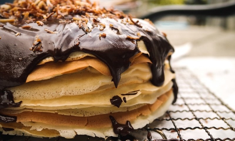 Обои шоколад, блинчики, блины, блинный торт, chocolate, pancakes, pancake cake разрешение 1920x1080 Загрузить