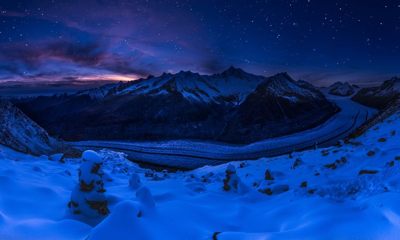 Обои ночь, горы, снег, природа, зима, пейзаж, швейцария, ледник, night, mountains, snow, nature, winter, landscape, switzerland, glacier разрешение 7593x3701 Загрузить