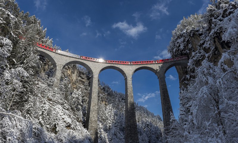 Обои природа, лес, зима, пейзаж, мост, поезд, nature, forest, winter, landscape, bridge, train разрешение 1920x1200 Загрузить