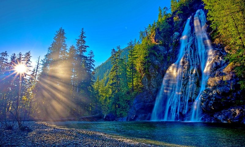 Обои деревья, горы, солнце, лучи, водопад, trees, mountains, the sun, rays, waterfall разрешение 3840x2160 Загрузить