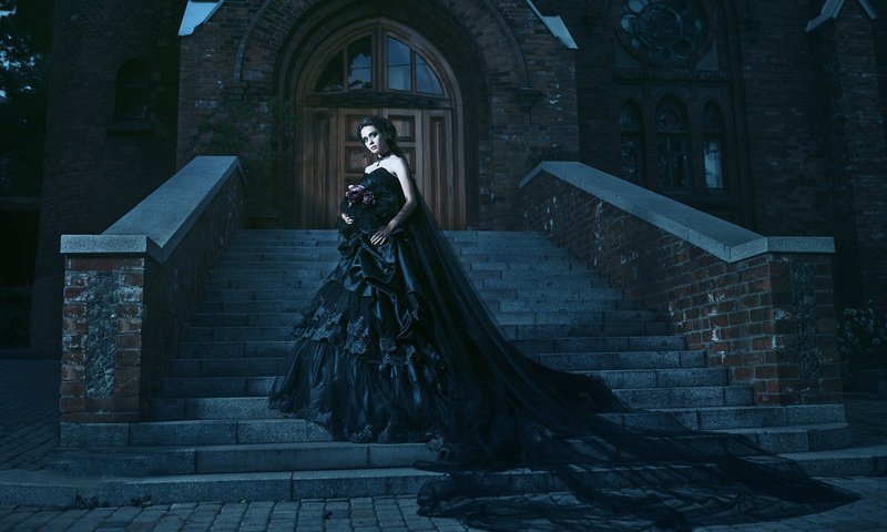 Обои девушка, креатив, церковь, готика, черное платье, girl, creative, church, gothic, black dress разрешение 1920x1200 Загрузить