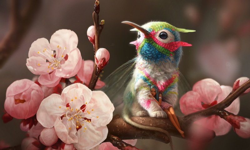 Обои цветы, ветка, весна, эльф, грифон, колибри, flowers, branch, spring, elf, griffin, hummingbird разрешение 2560x1585 Загрузить